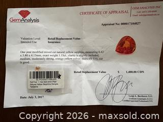 MaxSold Auction: Natural Yellow Sapphire with Certificate of Appraisal  - Oakville (Ontario, Canada) PARTNER MANAGED Estate Sale Online Auction - Lakeshore Road West