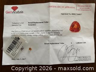 MaxSold Auction: Natural Yellow Sapphire with Certificate of Appraisal  - Oakville (Ontario, Canada) PARTNER MANAGED Estate Sale Online Auction - Lakeshore Road West