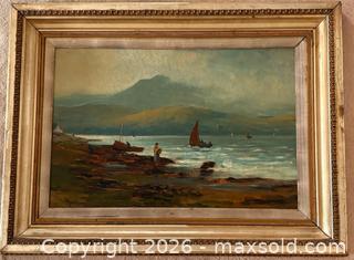 MaxSold Auction: Original Oil on Canvas Large Painting of Coastal Landscape with Boats in Ornate Gilded Frame. Signed by Artist James M. MACKAY - Oakville (Ontario, Canada) PARTNER MANAGED Estate Sale Online Auction - Lakeshore Road West