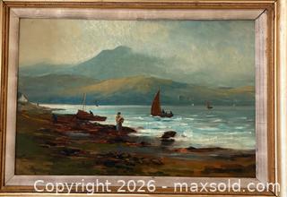 MaxSold Auction: Original Oil on Canvas Large Painting of Coastal Landscape with Boats in Ornate Gilded Frame. Signed by Artist James M. MACKAY - Oakville (Ontario, Canada) PARTNER MANAGED Estate Sale Online Auction - Lakeshore Road West
