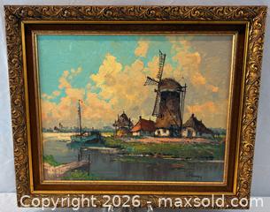 MaxSold Auction: Original Oil Painting of Dutch Seaside Village with Windmill. Signed by Artist  - Oakville (Ontario, Canada) PARTNER MANAGED Estate Sale Online Auction - Lakeshore Road West