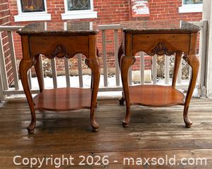 MaxSold Auction: Pair of Carved Wooden Tables with Marble Tops - Oakville (Ontario, Canada) PARTNER MANAGED Estate Sale Online Auction - Lakeshore Road West