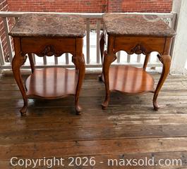 MaxSold Auction: Pair of Carved Wooden Tables with Marble Tops - Oakville (Ontario, Canada) PARTNER MANAGED Estate Sale Online Auction - Lakeshore Road West