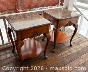 MaxSold Auction: Pair of Carved Wooden Tables with Marble Tops - Oakville (Ontario, Canada) PARTNER MANAGED Estate Sale Online Auction - Lakeshore Road West