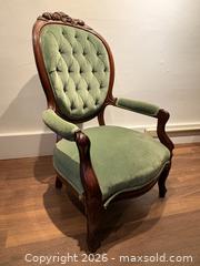 MaxSold Auction: Two Victorian Carved Wood Parlor Chairs with Sage Green Button-back Upholstery  - Oakville (Ontario, Canada) PARTNER MANAGED Estate Sale Online Auction - Lakeshore Road West