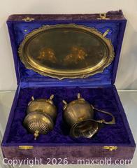 MaxSold Auction: Vintage Brass Cream and Sugar Set with Tray and Original Purple Velvet box  - St. Catharines (Ontario, Canada) SELLER MANAGED Estate Sale Online Auction - Monique Crescent