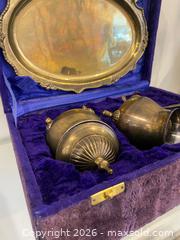 MaxSold Auction: Vintage Brass Cream and Sugar Set with Tray and Original Purple Velvet box  - St. Catharines (Ontario, Canada) SELLER MANAGED Estate Sale Online Auction - Monique Crescent