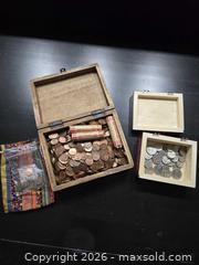 MaxSold Auction: Estate Coin Lot with Hand-Carved Wooden Boxes – Pennies, Loose Coins & Paper Rolls - Vancouver (British Columbia, Canada) SELLER MANAGED Reseller Online Auction - East 7th Avenue (STORAGE)