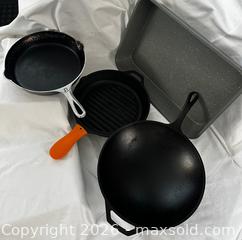 MaxSold Auction: Cast Iron Made in the USA: Griswold Chrome Plated #8 and Lodge — 1 Skillet, 1 Grill Pan, 1 Wok + Roasting Pan - San Francisco (California, USA) SELLER MANAGED Downsizing Online Auction - Hudson Avenue