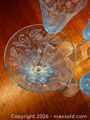 MaxSold Auction: Set of 6 Mint condition Fostoria Kashmir Blue Blown Glass Etched Goblets, Stem 5099 - San Francisco (California, USA) SELLER MANAGED Downsizing Online Auction - Hudson Avenue