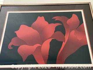 MaxSold Auction: Vintage Framed Art: Signed Jean Meadows Floral Lithograph, Crimson - Saratoga (California, USA) SELLER MANAGED Estate Sale Online Auction - Allendale Avenue