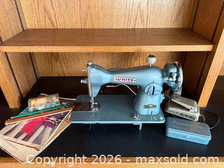 MaxSold Auction: Vintage White Teal Japan Rotary Belt Sewing Machine & Accessories  - Saratoga (California, USA) SELLER MANAGED Estate Sale Online Auction - Allendale Avenue