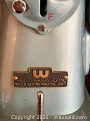 MaxSold Auction: Vintage White Teal Japan Rotary Belt Sewing Machine & Accessories  - Saratoga (California, USA) SELLER MANAGED Estate Sale Online Auction - Allendale Avenue