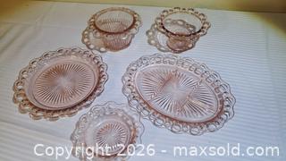 MaxSold Auction: Pink Depression Glass Lot — Old Colony Lace Edge (5 pcs) - Ottawa (Ontario, Canada) SELLER MANAGED Downsizing Online Auction - Sarsfield Road