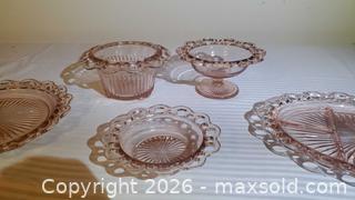 MaxSold Auction: Pink Depression Glass Lot — Old Colony Lace Edge (5 pcs) - Ottawa (Ontario, Canada) SELLER MANAGED Downsizing Online Auction - Sarsfield Road