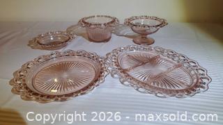 MaxSold Auction: Pink Depression Glass Lot — Old Colony Lace Edge (5 pcs) - Ottawa (Ontario, Canada) SELLER MANAGED Downsizing Online Auction - Sarsfield Road