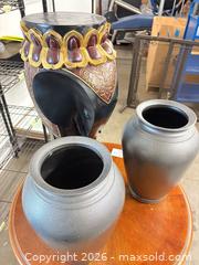 MaxSold Auction: Carved Elephant Pedestal with Two Metal-Look Vases - San Diego (California, USA) SELLER MANAGED Reseller Online Auction - Miramar Road