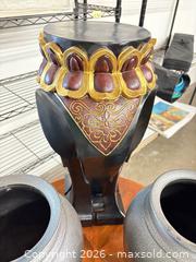 MaxSold Auction: Carved Elephant Pedestal with Two Metal-Look Vases - San Diego (California, USA) SELLER MANAGED Reseller Online Auction - Miramar Road