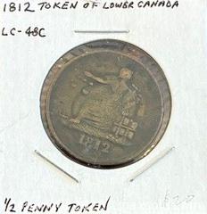 MaxSold Auction:  1812 Cdn. Lower Canada Half Penny Tiffin Token - Newmarket (Ontario, Canada) PARTNER MANAGED Reseller Online Auction - Walter Avenue