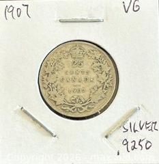 MaxSold Auction: 1907 Cdn. Silver King George V 25 Cents  - Newmarket (Ontario, Canada) PARTNER MANAGED Reseller Online Auction - Walter Avenue