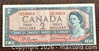 MaxSold Auction: 1954 Cdn. Queen Elizabeth II 2 Dollar Paper Banknote  - Newmarket (Ontario, Canada) PARTNER MANAGED Reseller Online Auction - Walter Avenue