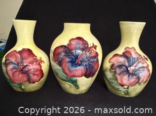 MaxSold Auction: Vintage Moorcroft Hibiscus pottery bud vases and dish - North Vancouver (British Columbia, Canada) SELLER MANAGED Moving Online Auction - Northlands Drive