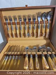 MaxSold Auction: Floral & Bird Motif Stainless Flatware Set with Wood Box 35 pieces, Italy  - Toronto (Ontario, Canada) SELLER MANAGED Downsizing Online Auction - Weston Road (CONDO)