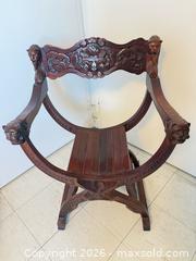 MaxSold Auction: Vintage Carved Mahogany X-Frame Armchair with Lion Heads 22”/25”/35” - Toronto (Ontario, Canada) SELLER MANAGED Downsizing Online Auction - Weston Road (CONDO)