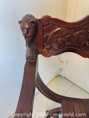 MaxSold Auction: Vintage Carved Mahogany X-Frame Armchair with Lion Heads 22”/25”/35” - Toronto (Ontario, Canada) SELLER MANAGED Downsizing Online Auction - Weston Road (CONDO)