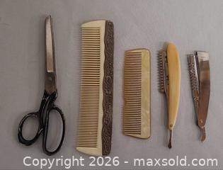 MaxSold Auction: Vintage barber tools lot — scissors, combs & more (5 pc) - Toronto (Ontario, Canada) PARTNER MANAGED Reseller Online Auction - Queen Street West.