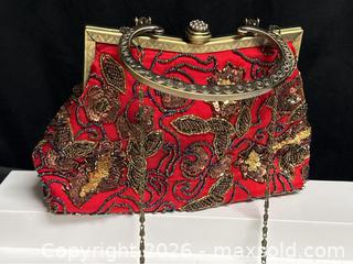 MaxSold Auction: Vintage Gypsy–Style Red Clutch – Elegant Beaded Evening Bag - Campbell (California, USA) SELLER MANAGED Downsizing Online Auction - Dell Avenue 