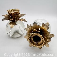 MaxSold Auction: Pair Vintage Hollywood Regency Glass & Brass Floral Candlesticks 4” - St. Catharines (Ontario, Canada) SELLER MANAGED Reseller Online Auction - Winfield Court