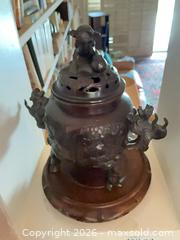 MaxSold Auction: Asian/Chinese Incense Burner with Foo Dog Handles, Lid & Wooden Base - Los Angeles (California, USA) PARTNER MANAGED Estate Sale Online Auction - Thurston Circle