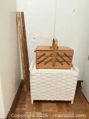 MaxSold Auction: Lot: Wooden Cantilever Sewing Box, Wicker Blanket Chest & Ruler - Los Angeles (California, USA) PARTNER MANAGED Estate Sale Online Auction - Thurston Circle