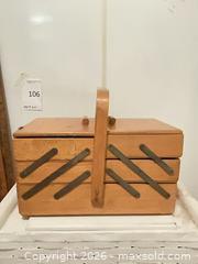 MaxSold Auction: Lot: Wooden Cantilever Sewing Box, Wicker Blanket Chest & Ruler - Los Angeles (California, USA) PARTNER MANAGED Estate Sale Online Auction - Thurston Circle