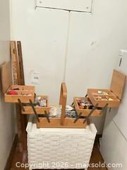 MaxSold Auction: Lot: Wooden Cantilever Sewing Box, Wicker Blanket Chest & Ruler - Los Angeles (California, USA) PARTNER MANAGED Estate Sale Online Auction - Thurston Circle