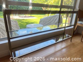 MaxSold Auction: Modern Gold Metal Console Table with Glass Shelves (10x55x29) - Thousand Oaks (California, USA) PARTNER MANAGED Estate Sale Online Auction - Camino Roberto