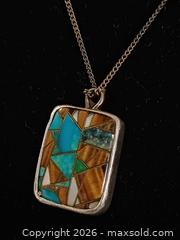 MaxSold Auction: Vintage 925 Sterling Silver with Turquoise Tiger's Eye Inlaid Pendant Necklace Marked  - Toronto (Ontario, Canada) PARTNER MANAGED Reseller Online Auction - Queen Street West