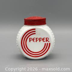 MaxSold Auction: Vintage Milk Glass Pepper Shaker with Red Graphics and Metal Lid - Ottawa (Ontario, Canada) SELLER MANAGED Downsizing Online Auction - Valley Stream Drive (CONDO)