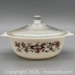 MaxSold Auction: Vintage Pyrex Milk Glass Casserole Dish with Glass Lid, Brown Vine Floral - Ottawa (Ontario, Canada) SELLER MANAGED Downsizing Online Auction - Valley Stream Drive (CONDO)