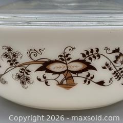 MaxSold Auction: Vintage Pyrex Milk Glass Casserole Dish with Glass Lid, Brown Vine Floral - Ottawa (Ontario, Canada) SELLER MANAGED Downsizing Online Auction - Valley Stream Drive (CONDO)