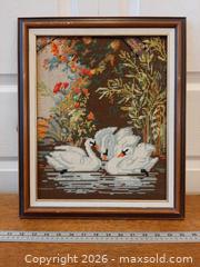 MaxSold Auction: Framed needlepoint tapestry scene of white swans on a lake - London (Ontario, Canada) PARTNER MANAGED Downsizing Online Auction - Seymour Crescent