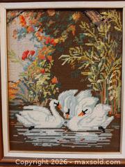 MaxSold Auction: Framed needlepoint tapestry scene of white swans on a lake - London (Ontario, Canada) PARTNER MANAGED Downsizing Online Auction - Seymour Crescent