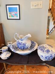 MaxSold Auction: Blue Floral Transferware Wash Basin & Pitcher 6-Piece Set - Greater Sudbury (Ontario, Canada) PARTNER MANAGED Estate Sale Online Auction -  Pebble Hill Place