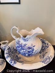 MaxSold Auction: Blue Floral Transferware Wash Basin & Pitcher 6-Piece Set - Greater Sudbury (Ontario, Canada) PARTNER MANAGED Estate Sale Online Auction -  Pebble Hill Place