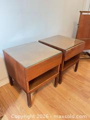 MaxSold Auction: Pair of Mid-Century Modern Solid Wood End Tables with Glass Tops - Greater Sudbury (Ontario, Canada) PARTNER MANAGED Estate Sale Online Auction -  Pebble Hill Place
