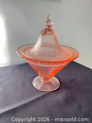 MaxSold Auction: Pink Carnival/Depression-Style Glass Covered Candy Dish with Base - Greater Sudbury (Ontario, Canada) PARTNER MANAGED Estate Sale Online Auction -  Pebble Hill Place