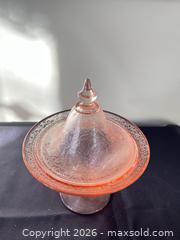 MaxSold Auction: Pink Carnival/Depression-Style Glass Covered Candy Dish with Base - Greater Sudbury (Ontario, Canada) PARTNER MANAGED Estate Sale Online Auction -  Pebble Hill Place