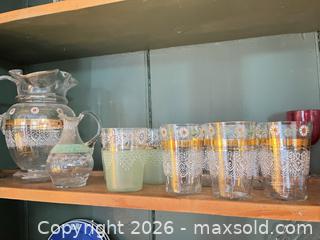 MaxSold Auction: Vintage Mid-Century Glass Beverage Set with Gold Trim & Florals - Greater Sudbury (Ontario, Canada) PARTNER MANAGED Estate Sale Online Auction -  Pebble Hill Place