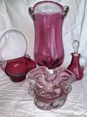 MaxSold Auction: Mid-Century Cranberry Glass Collection – 4 Decorative Pieces - Hamilton (Ontario, Canada) SELLER MANAGED Estate Sale Online Auction - Barton Street East